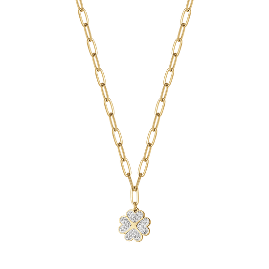 COLLIER EN ACIER DORÉ POUR FEMMES AVEC TRÈFLE À QUATRE FEUILLES ET CRISTAUX BLANCS