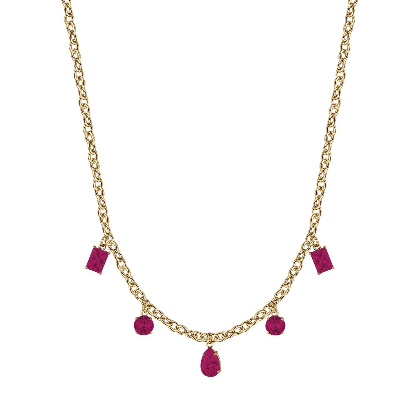 COLLIER FEMME EN ACIER DORÉ IP AVEC PENDENTIFS EN CRISTAUX FUCHSIA