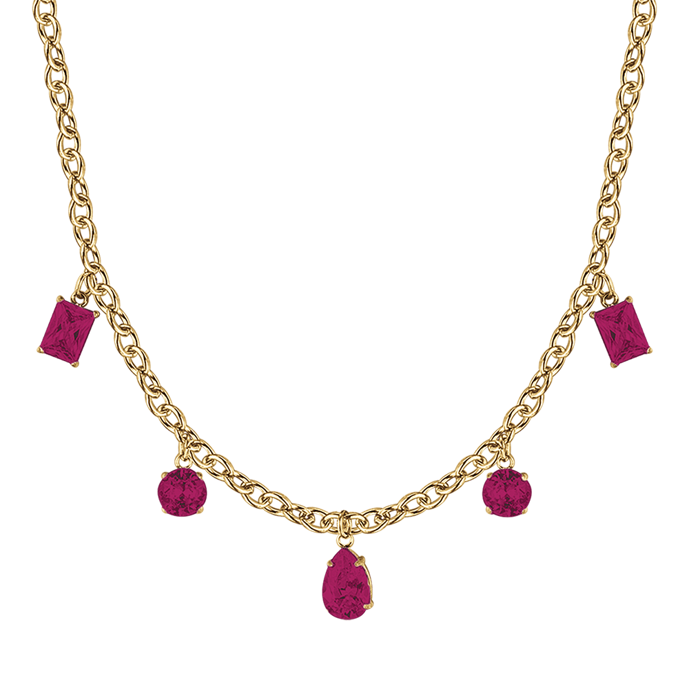 COLLIER FEMME EN ACIER DORÉ IP AVEC PENDENTIFS EN CRISTAUX FUCHSIA