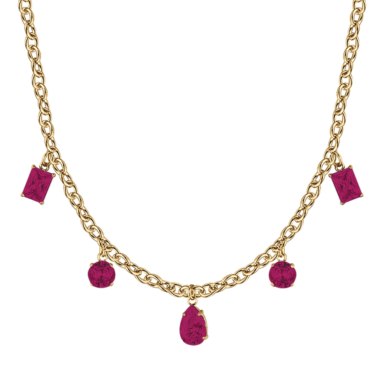 COLLIER FEMME EN ACIER DORÉ IP AVEC PENDENTIFS EN CRISTAUX FUCHSIA