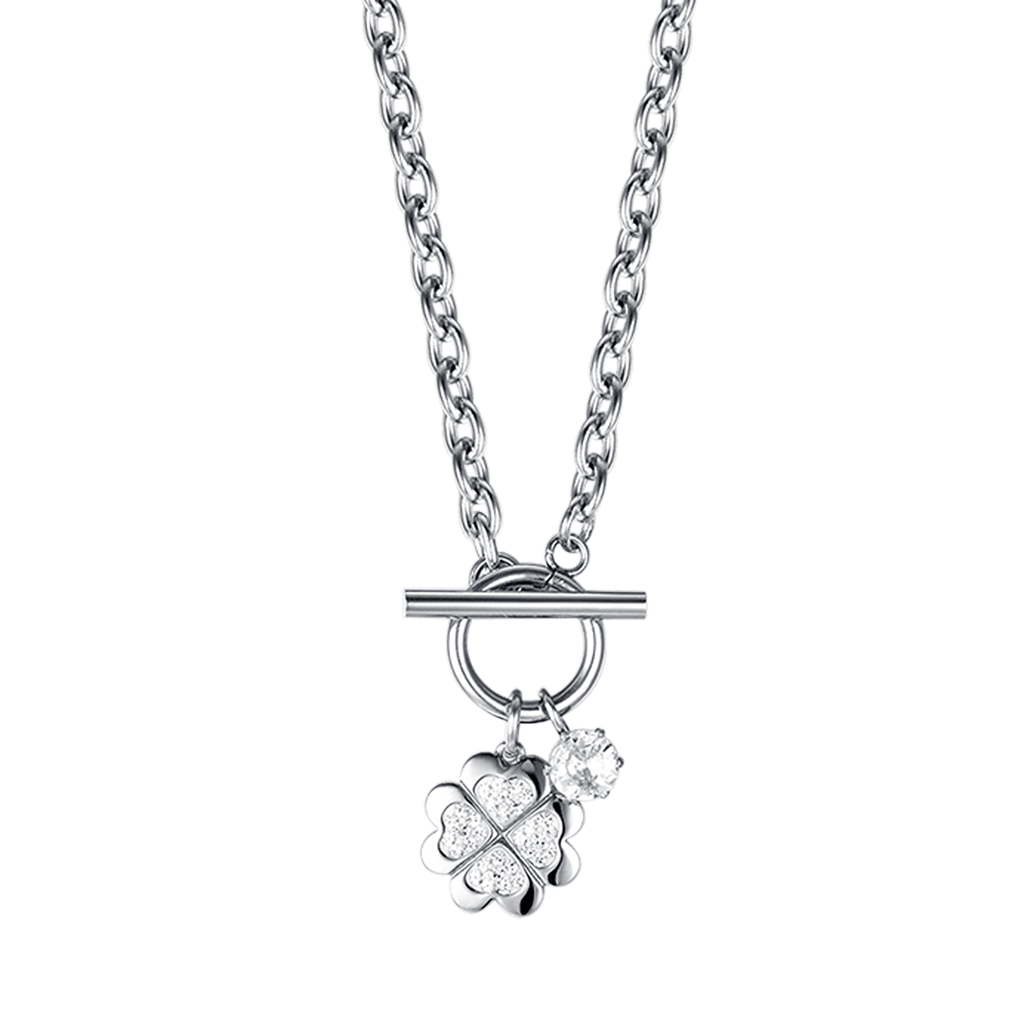 COLLIER EN ACIER POUR FEMMES AVEC TRÈFLE À QUATRE FEUILLES ET CRISTAUX BLANCS