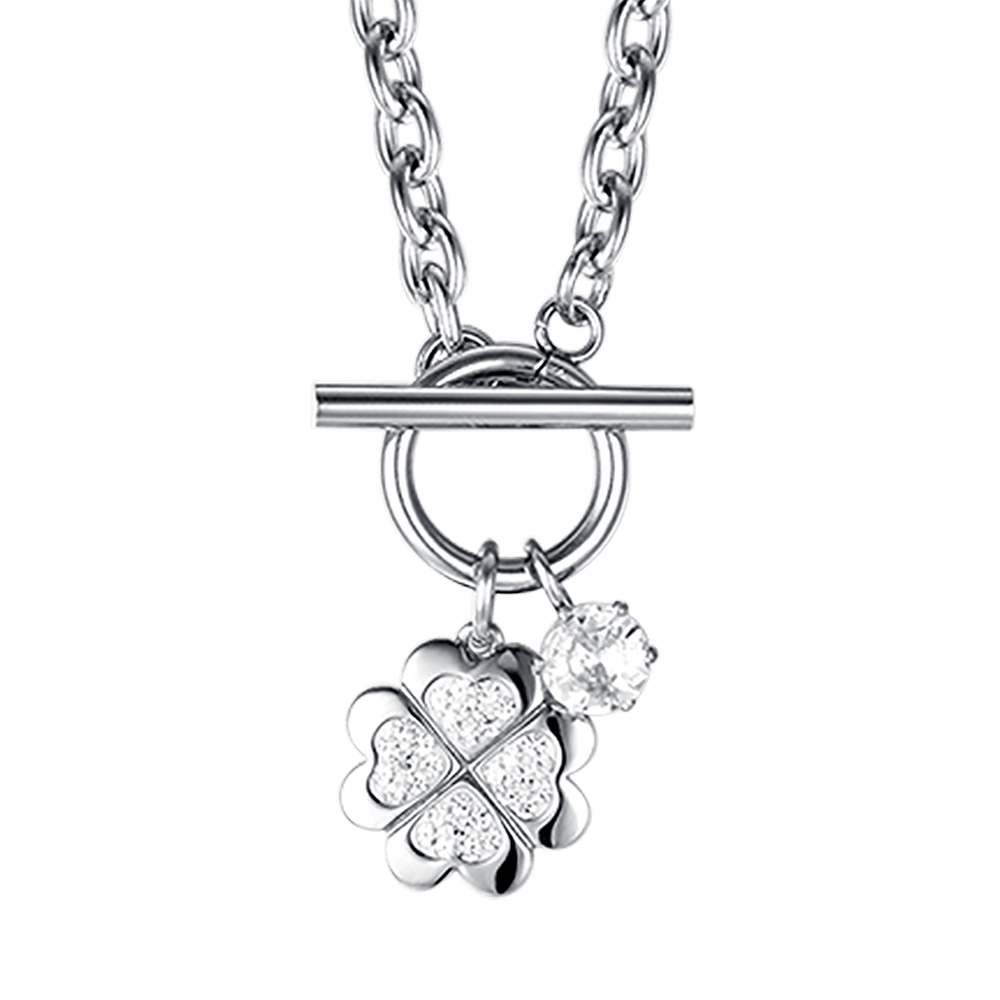 COLLIER EN ACIER POUR FEMMES AVEC TRÈFLE À QUATRE FEUILLES ET CRISTAUX BLANCS