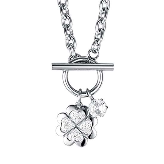 COLLIER EN ACIER POUR FEMMES AVEC TRÈFLE À QUATRE FEUILLES ET CRISTAUX BLANCS