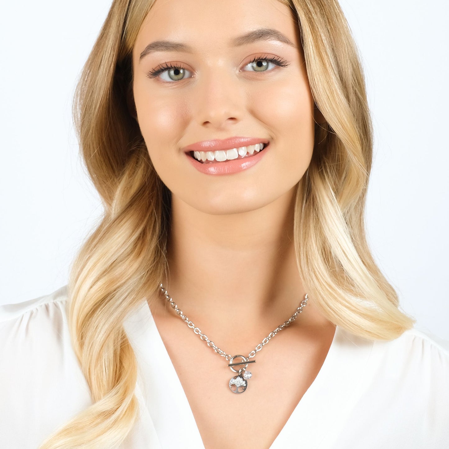 COLLIER EN ACIER POUR FEMMES AVEC ARBRE DE VIE ET CRISTAUX BLANCS