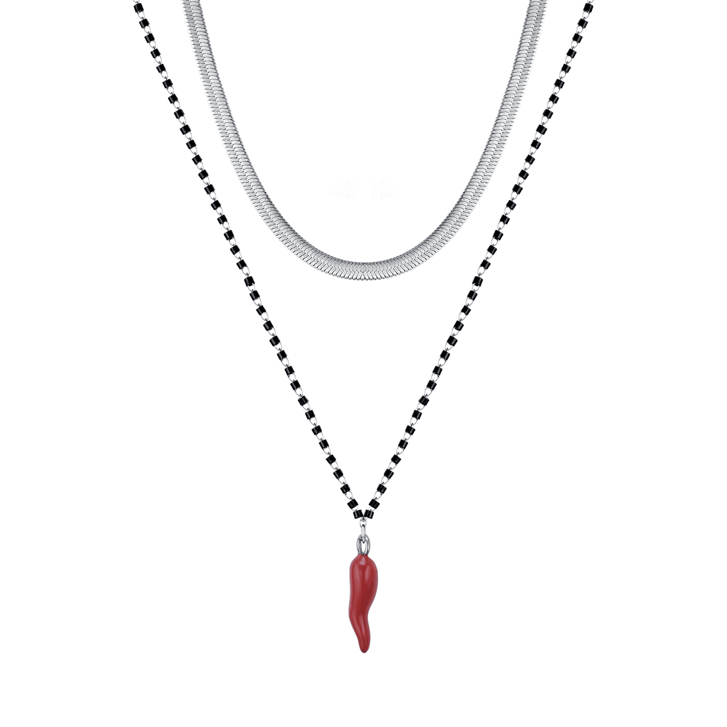 COLLIER POUR FEMME EN ACIER AVEC CORNE AVEC ÉMAIL ROUGE ET ÉLÉMENTS NOIRS