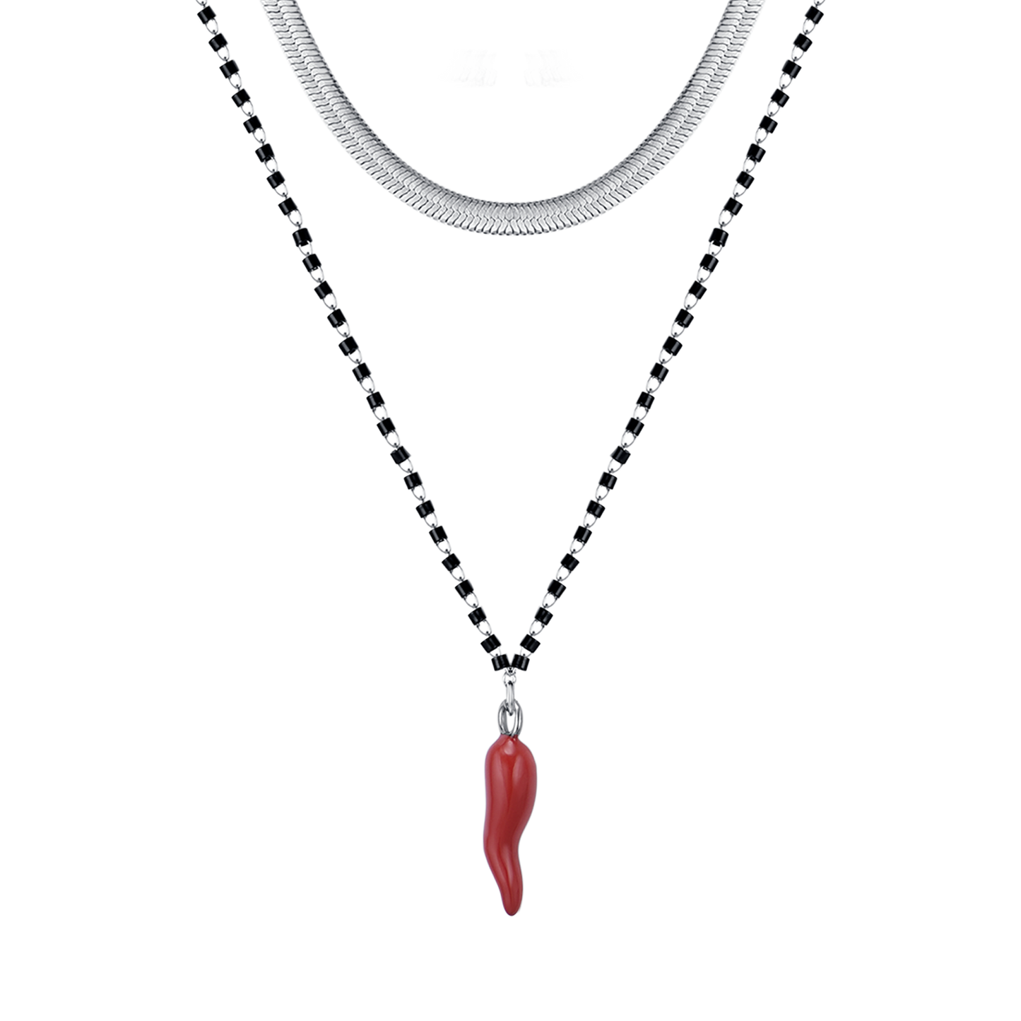 COLLIER POUR FEMME EN ACIER AVEC CORNE AVEC ÉMAIL ROUGE ET ÉLÉMENTS NOIRS