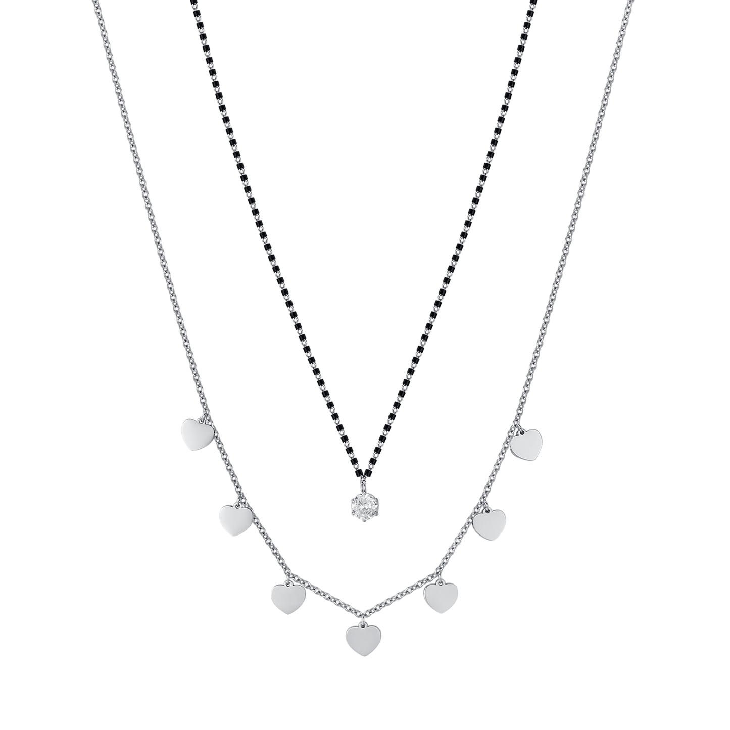 COLLIER EN ACIER POUR DAMES AVEC CŒURS, ÉLÉMENTS IP NOIRS ET CRISTAL BLANC