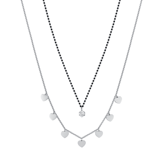 COLLIER EN ACIER POUR DAMES AVEC CŒURS, ÉLÉMENTS IP NOIRS ET CRISTAL BLANC