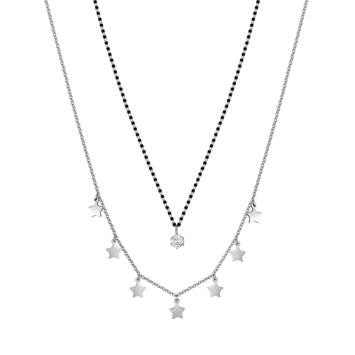 COLLIER POUR FEMME EN ACIER AVEC ÉTOILES, ÉLÉMENTS IP NOIRS ET CRISTAL BLANC