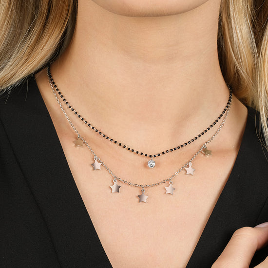 COLLIER POUR FEMME EN ACIER AVEC ÉTOILES, ÉLÉMENTS IP NOIRS ET CRISTAL BLANC