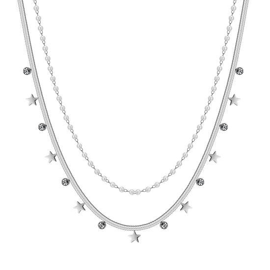 COLLIER EN ACIER POUR FEMMES AVEC PERLES BLANCHES, ÉTOILES ET CRISTAUX