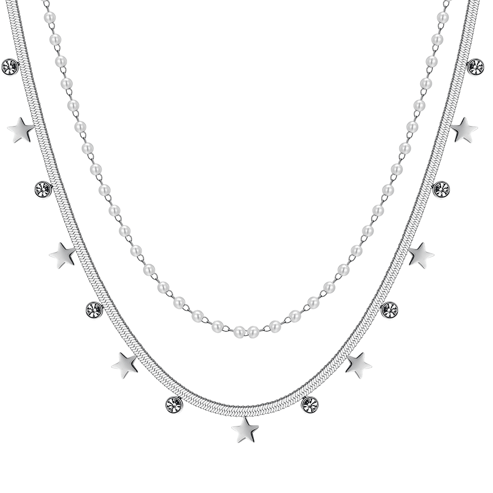 COLLIER EN ACIER POUR FEMMES AVEC PERLES BLANCHES, ÉTOILES ET CRISTAUX