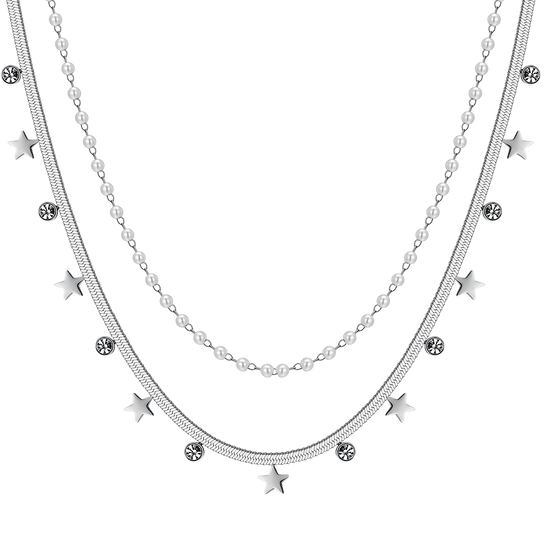 COLLIER EN ACIER POUR FEMMES AVEC PERLES BLANCHES, ÉTOILES ET CRISTAUX