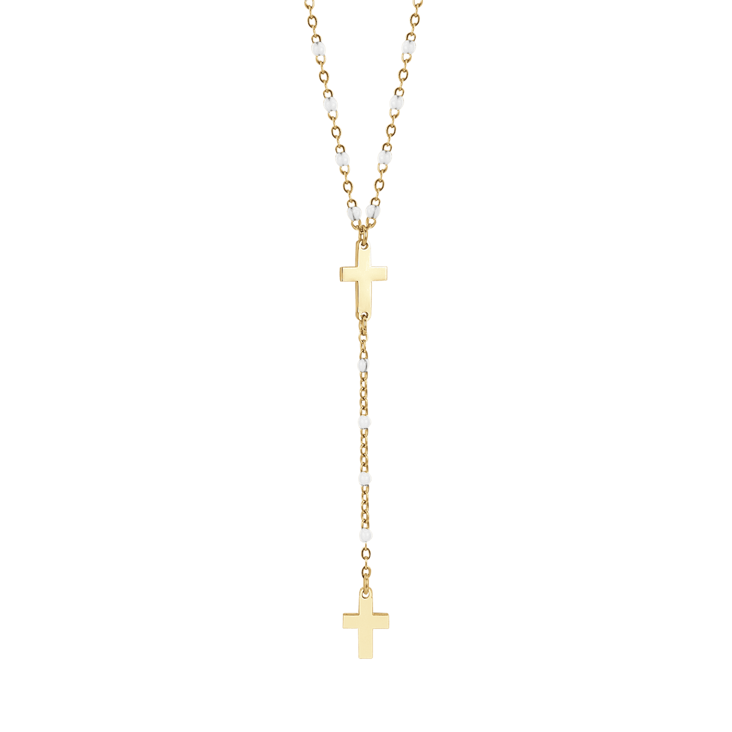 COLLIER DE CHAPELET POUR FEMMES EN ACIER DORÉ AVEC CROIX ET ÉLÉMENTS BLANCS