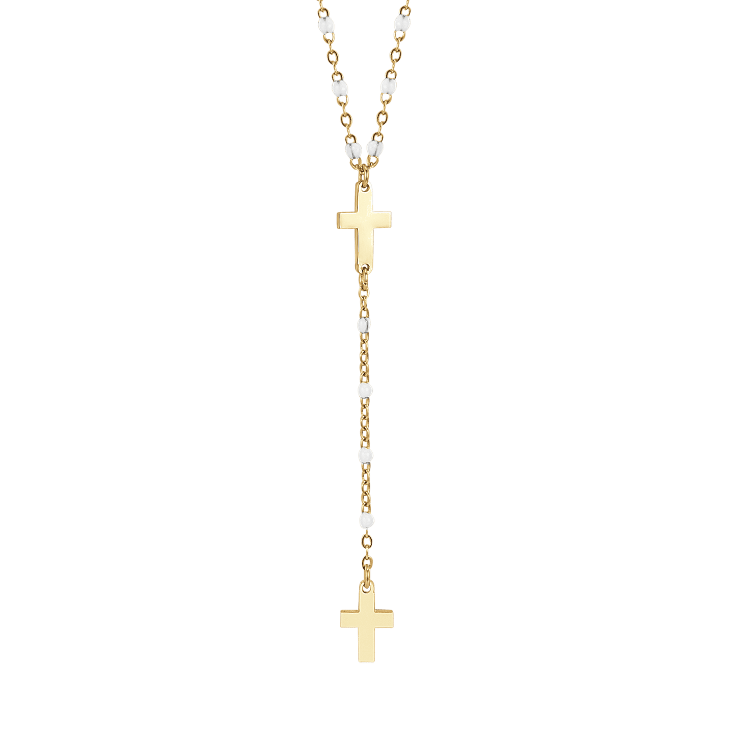 COLLIER DE CHAPELET POUR FEMMES EN ACIER DORÉ AVEC CROIX ET ÉLÉMENTS BLANCS