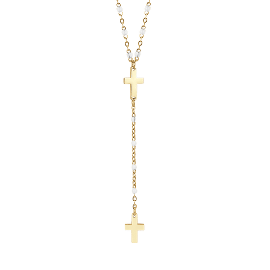 COLLIER DE CHAPELET POUR FEMMES EN ACIER DORÉ AVEC CROIX ET ÉLÉMENTS BLANCS