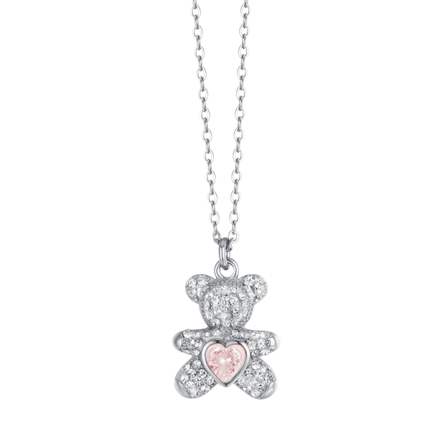 COLLIER EN ACIER POUR FEMMES AVEC OURSON EN PELUCHE AVEC CRISTAUX ROSES ET BLANCS