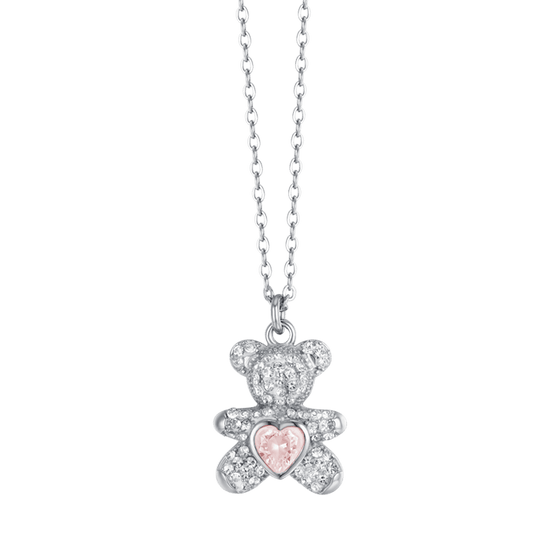 COLLIER EN ACIER POUR FEMMES AVEC OURSON EN PELUCHE AVEC CRISTAUX ROSES ET BLANCS