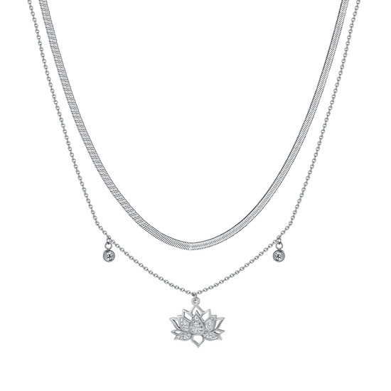 COLLIER FEMME EN ACIER AVEC FLEUR DE LOTUS ET CRISTAUX BLANCS