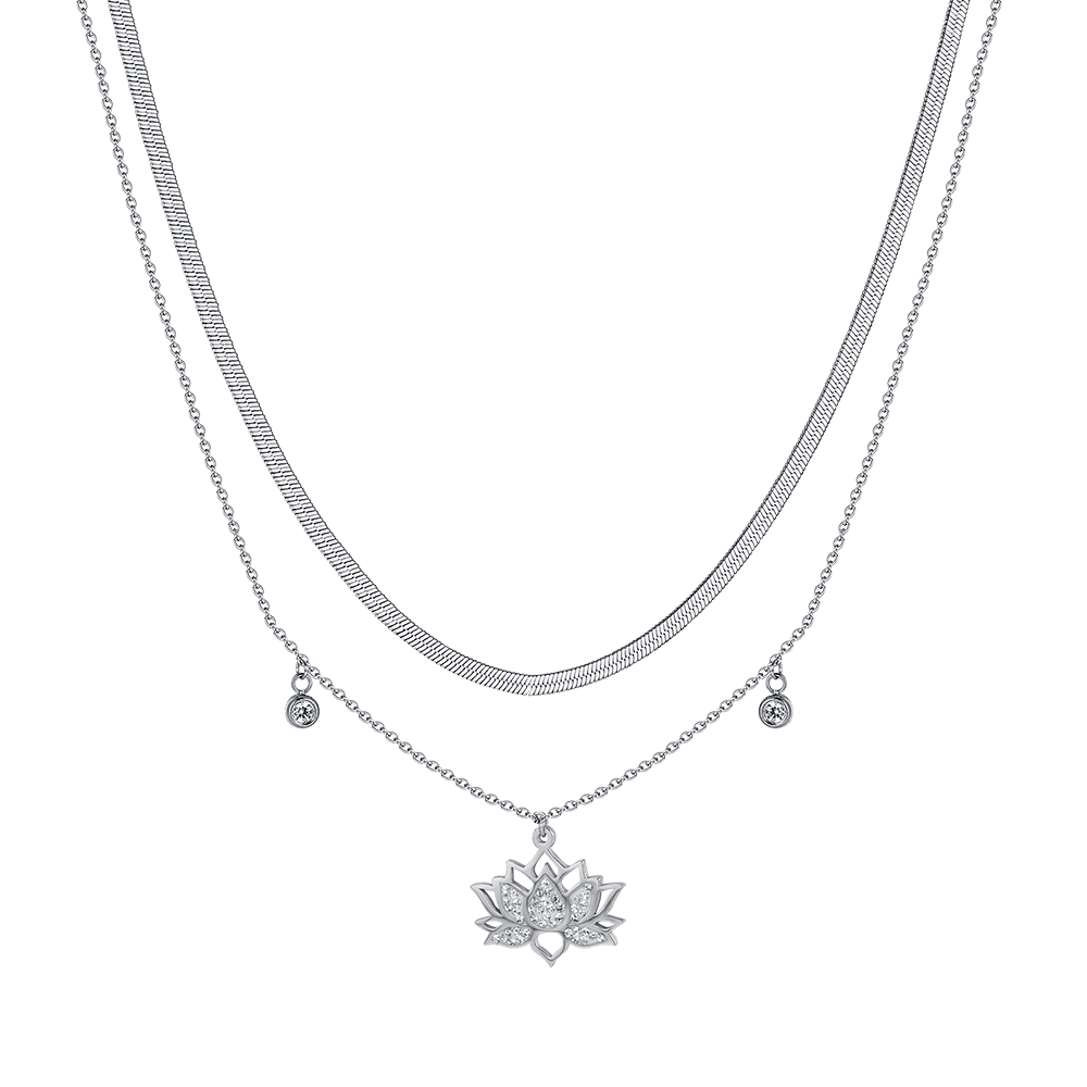 COLLIER FEMME EN ACIER AVEC FLEUR DE LOTUS ET CRISTAUX BLANCS