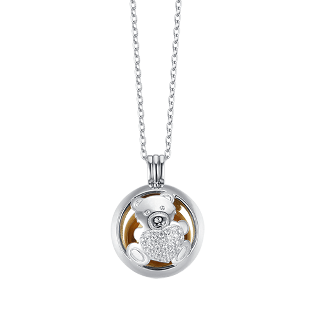 COLLIER D'APPEL D'ANGE EN ACIER AVEC OURS EN PELUCHE ET CRISTAUX BLANCS