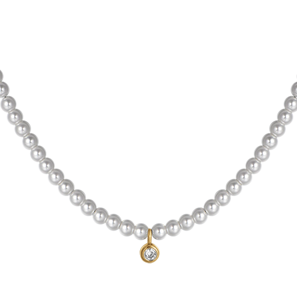 COLLIER FEMME EN ACIER DORÉ IP AVEC PERLES ET CRISTAL BLANC