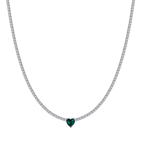 COLLIER DE TENNIS EN ACIER POUR FEMMES AVEC CRISTAUX BLANCS ET COEUR EN CRISTAL VERT