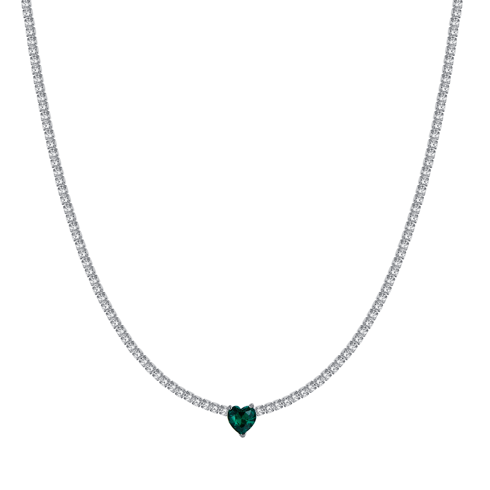 COLLIER DE TENNIS EN ACIER POUR FEMMES AVEC CRISTAUX BLANCS ET COEUR EN CRISTAL VERT