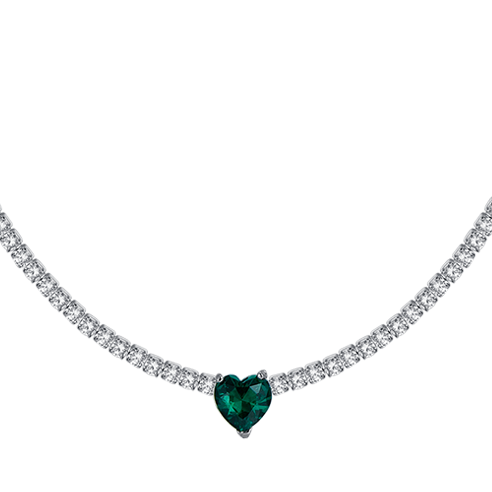 COLLIER DE TENNIS EN ACIER POUR FEMMES AVEC CRISTAUX BLANCS ET COEUR EN CRISTAL VERT