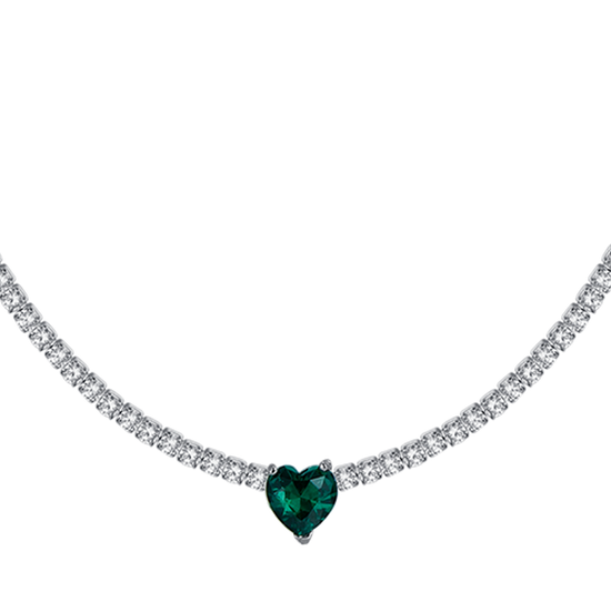 COLLIER DE TENNIS EN ACIER POUR FEMMES AVEC CRISTAUX BLANCS ET COEUR EN CRISTAL VERT