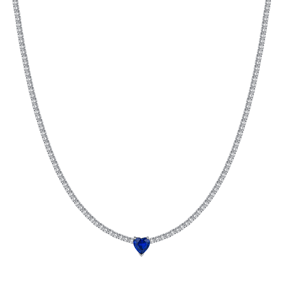 COLLIER DE TENNIS EN ACIER POUR FEMMES AVEC CRISTAUX BLANCS ET COEUR EN CRISTAL BLEU