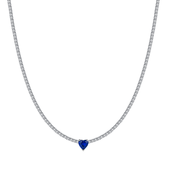 COLLIER DE TENNIS EN ACIER POUR FEMMES AVEC CRISTAUX BLANCS ET COEUR EN CRISTAL BLEU