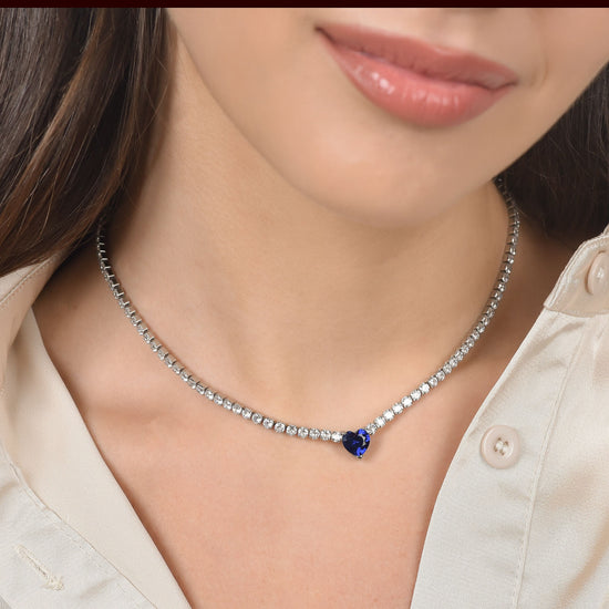 COLLIER DE TENNIS EN ACIER POUR FEMMES AVEC CRISTAUX BLANCS ET COEUR EN CRISTAL BLEU