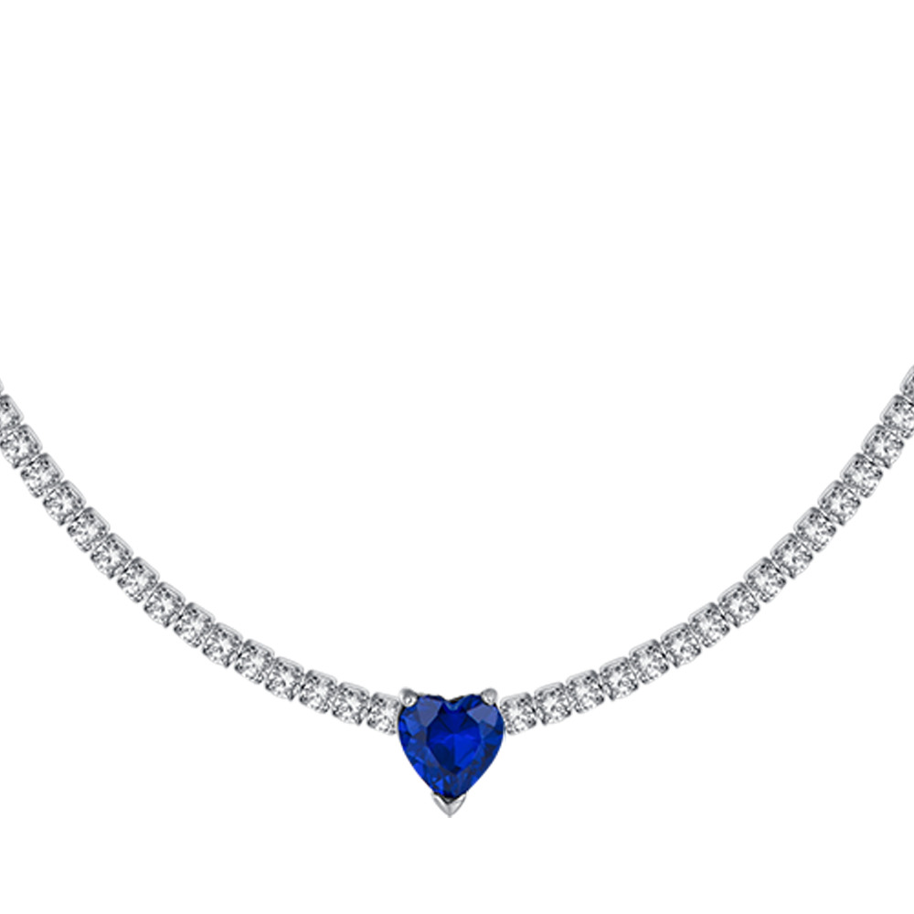 COLLIER DE TENNIS EN ACIER POUR FEMMES AVEC CRISTAUX BLANCS ET COEUR EN CRISTAL BLEU