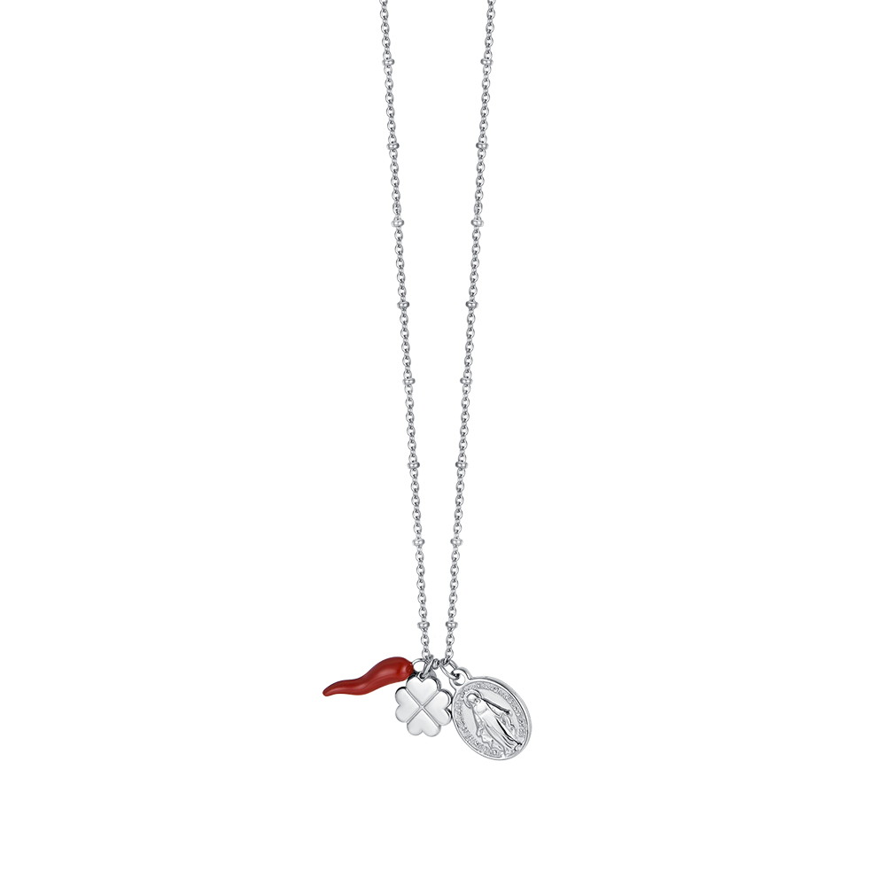 COLLIER EN ACIER POUR FEMMES AVEC BRELOQUE TRÈFLE À QUATRE FEUILLES, CORNE ET MADONE