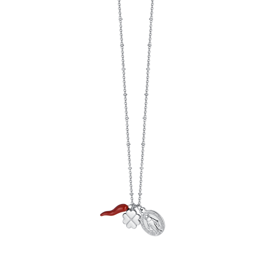 COLLIER EN ACIER POUR FEMMES AVEC BRELOQUE TRÈFLE À QUATRE FEUILLES, CORNE ET MADONE