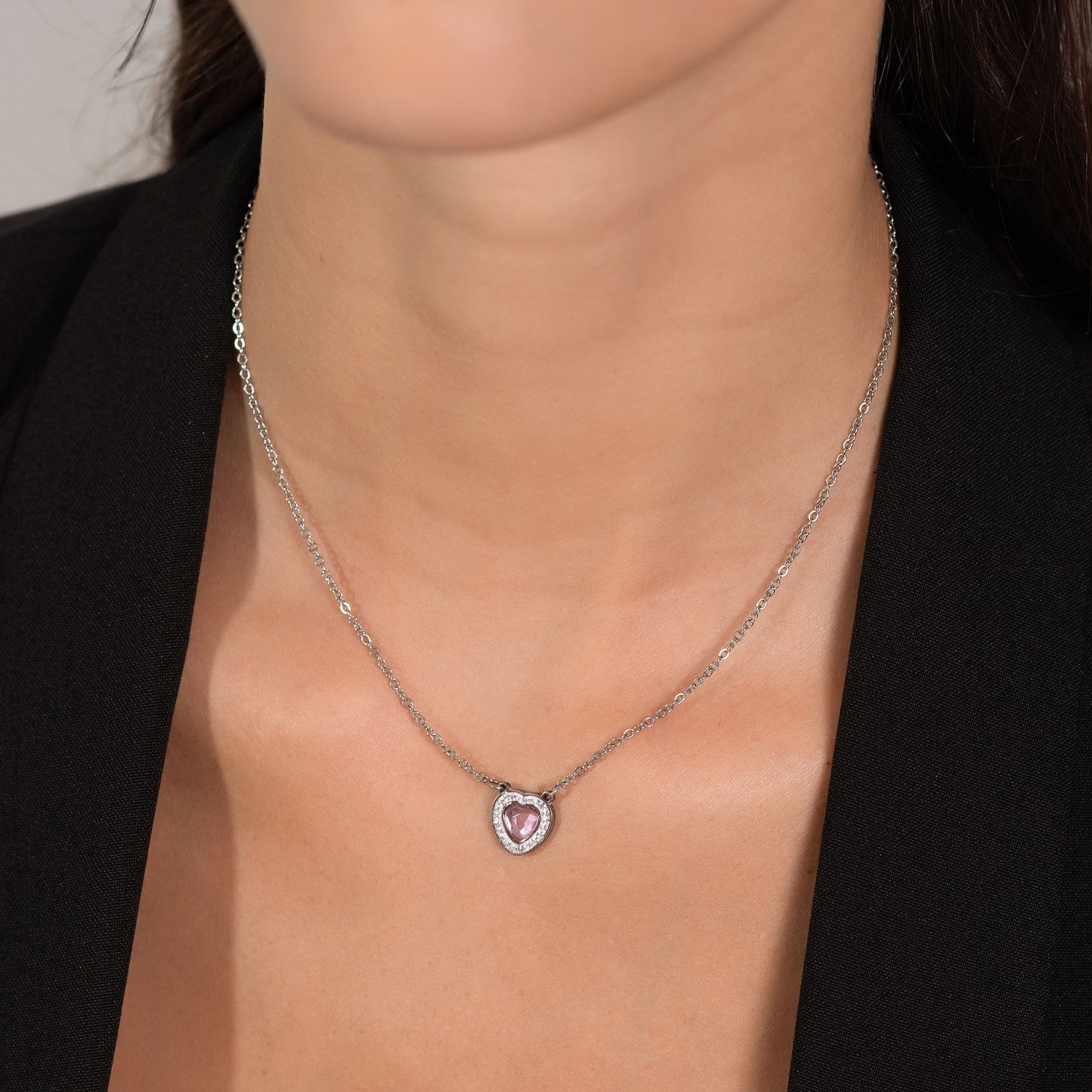 COLLIER DE CŒUR EN ACIER AVEC CRISTAUX ROSES ET BLANCS POUR FEMMES