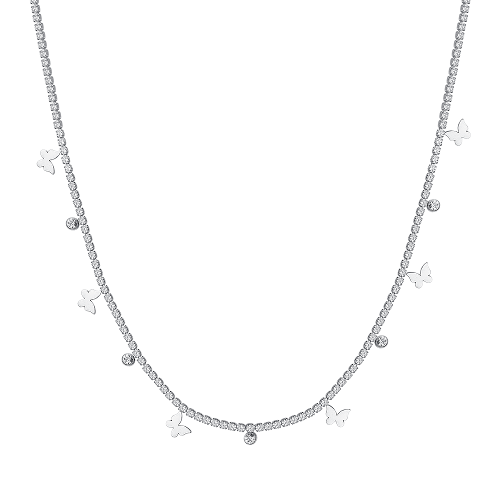 COLLIER DE TENNIS EN ACIER POUR FEMMES AVEC CRISTAUX BLANCS ET PAPILLONS