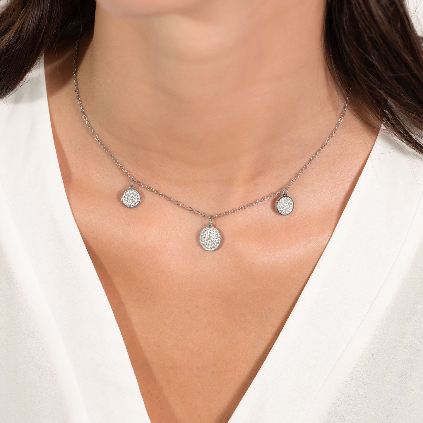 COLLIER FEMME EN ACIER ÉLÉMENTS RONDS AVEC CRISTAUX BLANCS