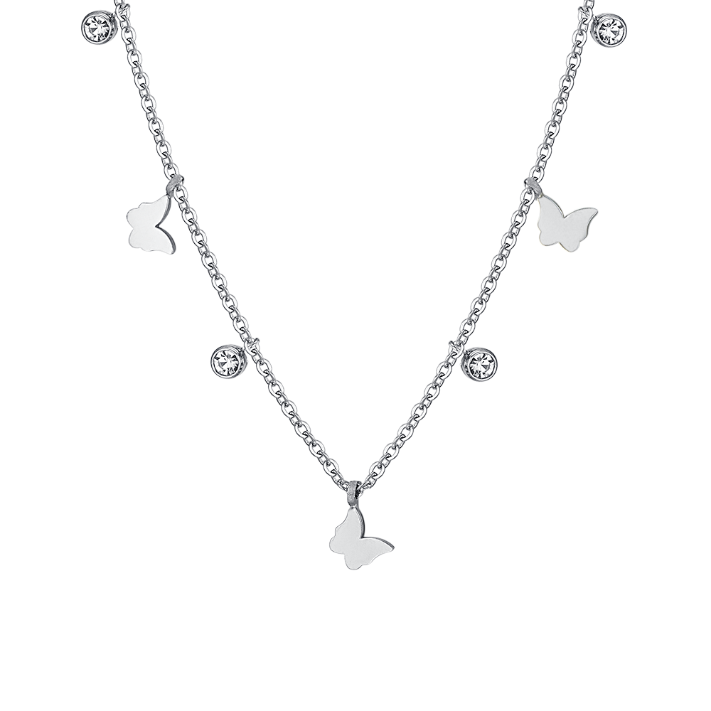 COLLIER POUR FEMMES EN ACIER, PAPILLON ET CRISTAL