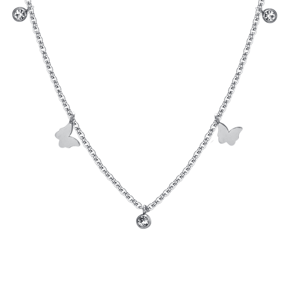 COLLIER POUR FEMMES EN ACIER, PAPILLON ET CRISTAL