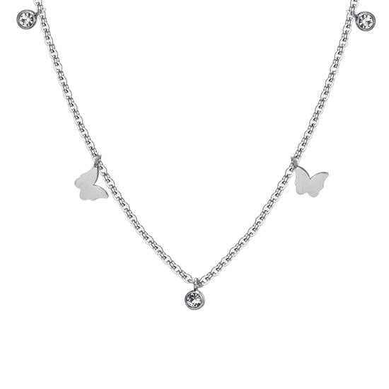 COLLIER POUR FEMMES EN ACIER, PAPILLON ET CRISTAL