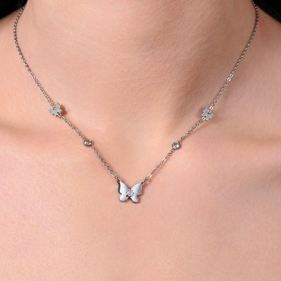 COLLIER POUR FEMMES EN ACIER, PAPILLON ET ZIRCON CUBIQUE