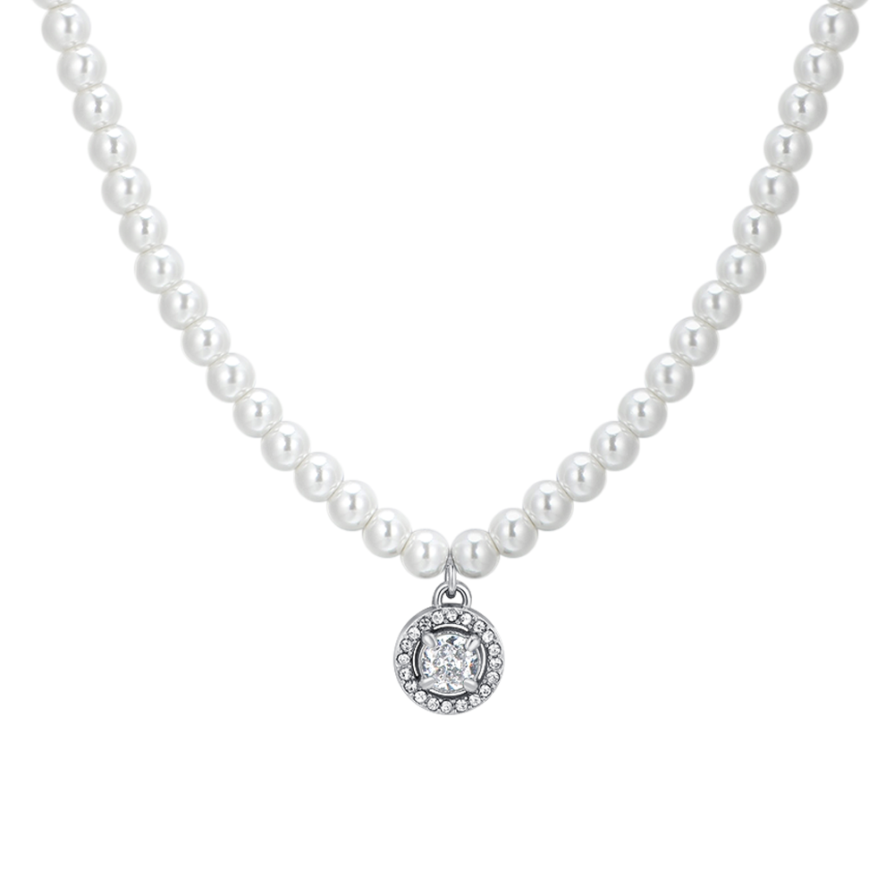 COLLIER EN ACIER, PERLES ET ZIRCON BLANC