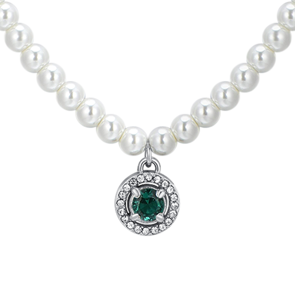 COLLIER EN ACIER, PERLES ET ZIRCON VERT