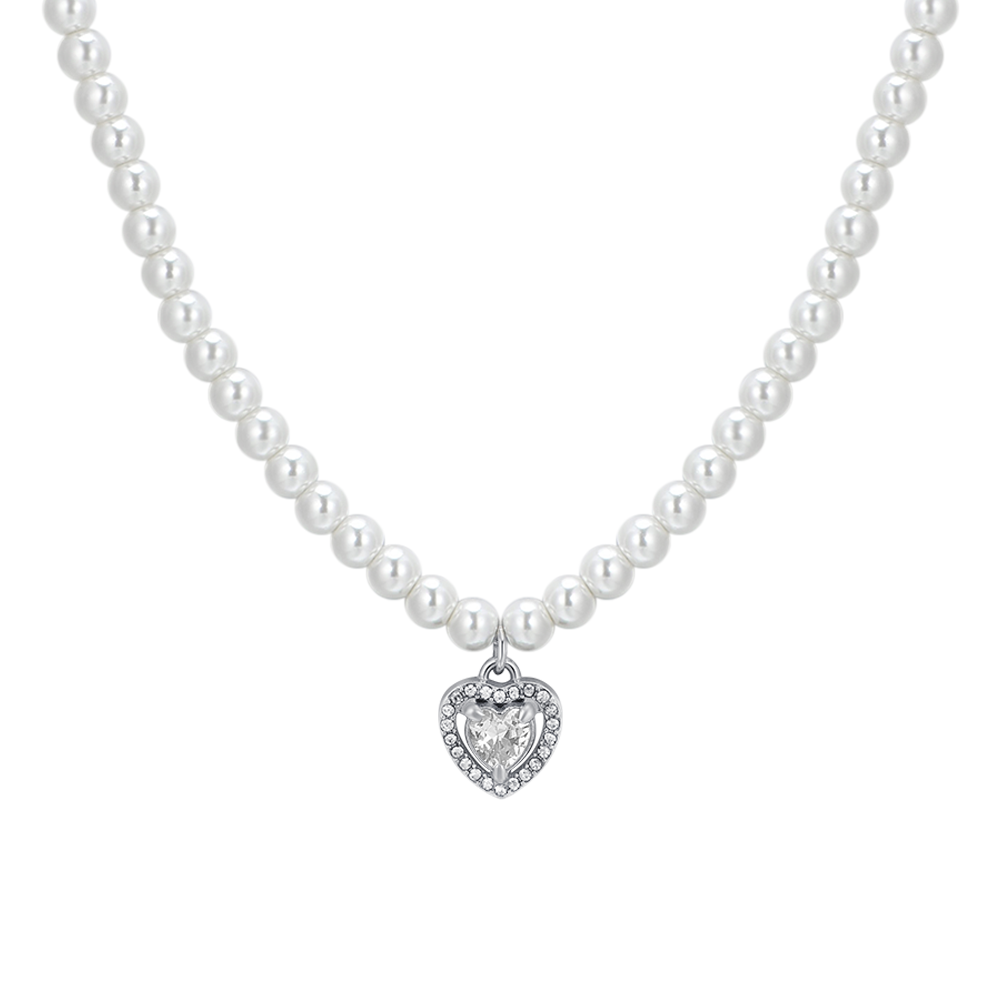 COLLIER COEUR EN ACIER, PERLES ET ZIRCON BLANC