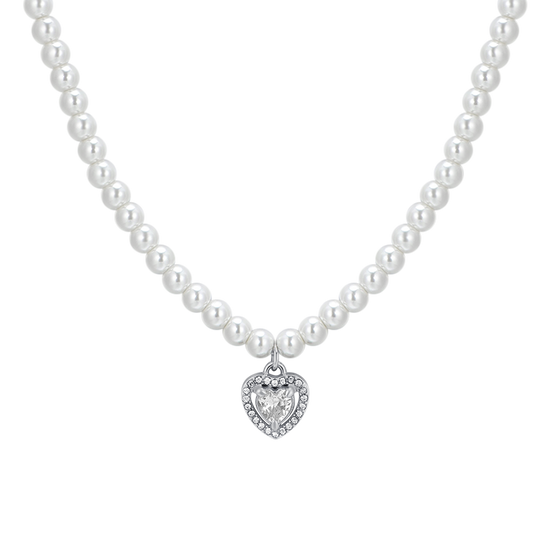 COLLIER COEUR EN ACIER, PERLES ET ZIRCON BLANC