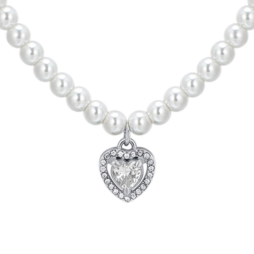 COLLIER COEUR EN ACIER, PERLES ET ZIRCON BLANC