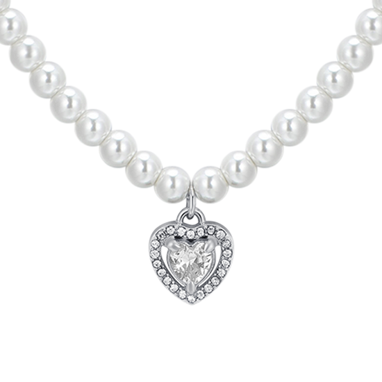 COLLIER COEUR EN ACIER, PERLES ET ZIRCON BLANC