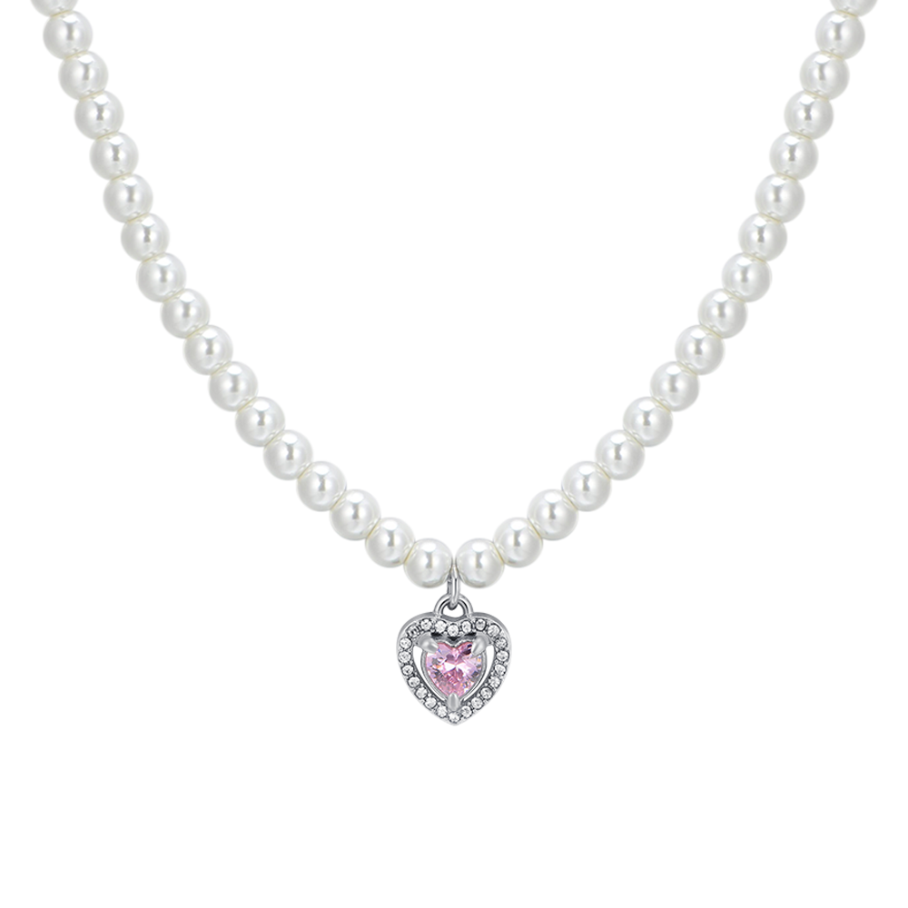 COLLIER COEUR EN ACIER, PERLES ET ZIRCON ROSE